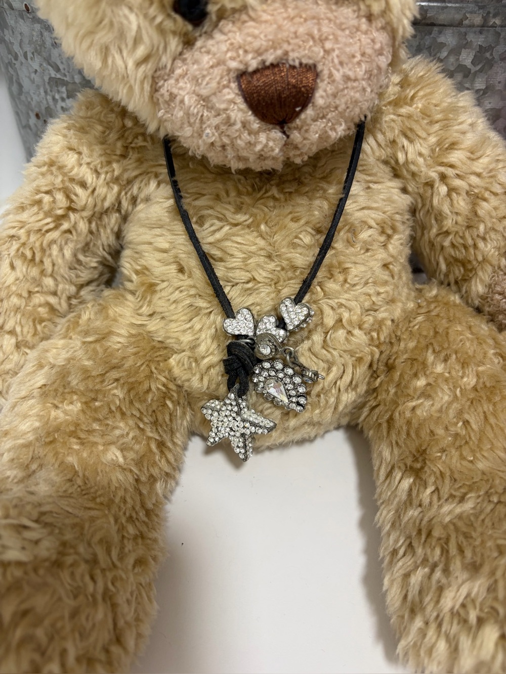 Womens Sparkle Star & Heart Pendant Necklace - Silver Crystal on Black Cord